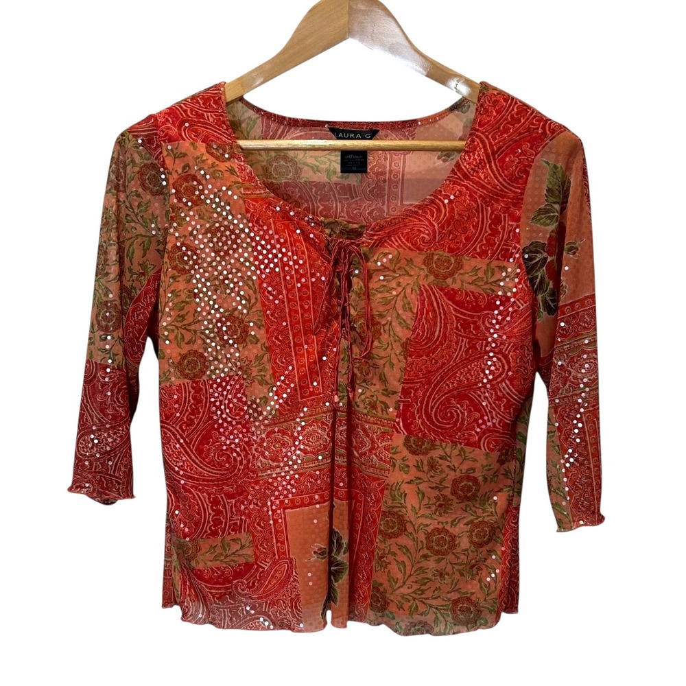 Vtg Laura G Patchwork‎ Paisley Top M Red Sheer Sequins Y2K Boho Indie Festival